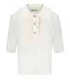 Essentiel Antwerp Off-white Polo With Ruffles And Rhinestone-embellished Buttons In White