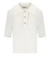 Essentiel Antwerp Off-white Polo With Ruffles And Rhinestone-embellished Buttons In White