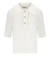 Essentiel Antwerp Off-white Polo With Ruffles And Rhinestone-embellished Buttons In White