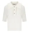 Essentiel Antwerp Off-white Polo With Ruffles And Rhinestone-embellished Buttons In White