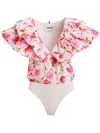 Essentiel Antwerp Hillary Voluminous Ruffle Bodysuit In Pink Floral In White