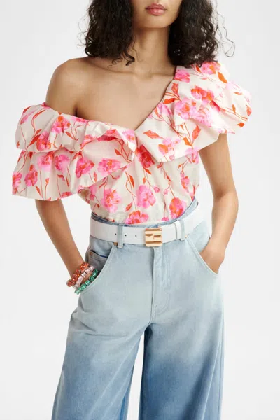 Essentiel Antwerp Hillary Voluminous Ruffle Bodysuit In Pink Floral