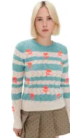 Essentiel Antwerp Hinkel Long-sleeve Striped Floral Embroidered Open-knit Sweater In Neptune Green