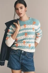 Essentiel Antwerp Hinkel Long-sleeve Striped Floral Embroidered Open-knit Sweater In Blue