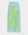 Essentiel Antwerp Light Blue And Mint Green Tule Midi Skirt With Sequin Floral Embroideries In Citronella