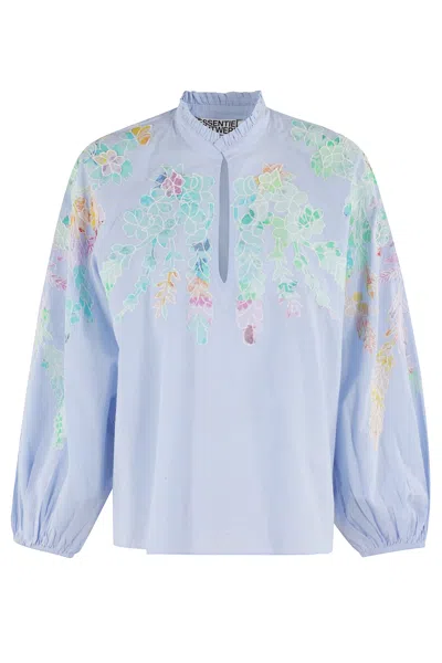Essentiel Antwerp Floral-embroidered Balloon-sleeve Top In Blue