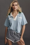 Essentiel Antwerp Hoiseau Short-sleeve Collared V-neck Floral Sequin Sweater In Blue
