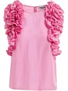 Essentiel Antwerp Multi-ruffle Silk Top With Discreet Zip Closure In Pink