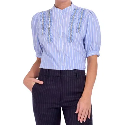 Essentiel Antwerp Ifrill Rhinestone Frill Shirt In Pale Kings Blue