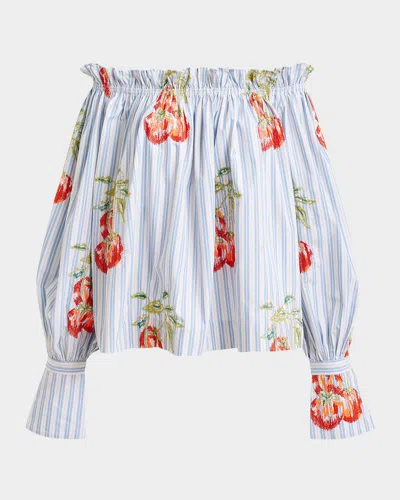 Essentiel Antwerp Ihandstand Embroidered Striped Off-shoulder Blouse In Multi