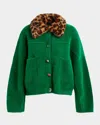 Essentiel Antwerp Intention Jacket With Removable Leopard Faux Fur Collar In Green