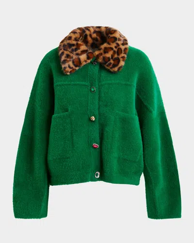Essentiel Antwerp Intention Jacket With Removable Leopard Faux Fur Collar In Green
