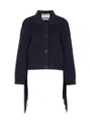 Essentiel Antwerp Navy Cropped Knitted Jacket With Fringe Details In Blue
