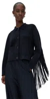 Essentiel Antwerp Navy Cropped Knitted Jacket With Fringe Details In Blue