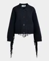 Essentiel Antwerp Navy Cropped Knitted Jacket With Fringe Details In Blue