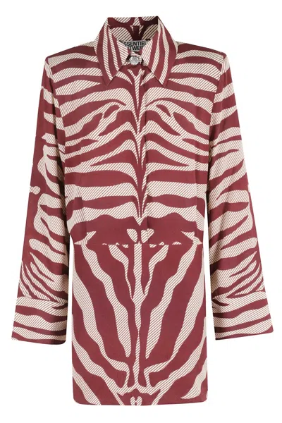 ESSENTIEL ANTWERP IVORY AND BURGUNDY ZEBRA JACQUARD SHIRT DRESS WITH RHINESTONE BUTTON
