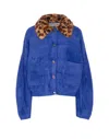 Essentiel Antwerp Leopard-print Collar Embellished-button Cardigan In Blue