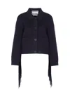 Essentiel Antwerp Navy Cropped Knitted Jacket With Fringe Details In Gray