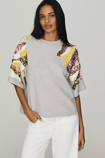 Essentiel Antwerp Jadda Embellished Short Sleeve Sweatshirt In Gray