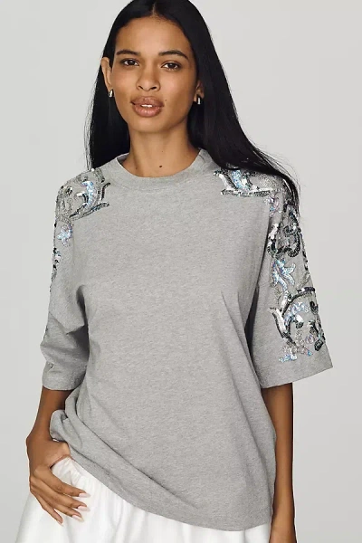 Essentiel Antwerp Jangoo Cotton Sequin-sleeve Tee In Gray