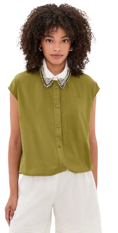 Essentiel Antwerp Janky Beaded Collar Shirt Avocado In Green