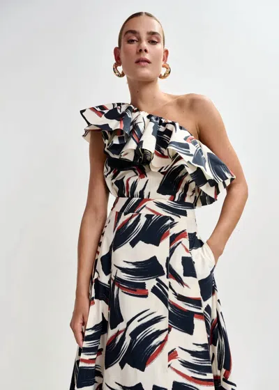 Essentiel Antwerp Jillian Asymmetric Ruffle Top In Black/brown/off-white In Multi