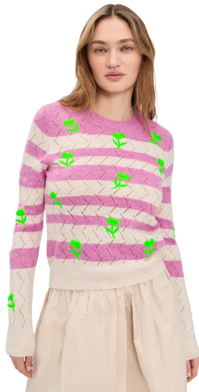Essentiel Antwerp Striped Intarsia Knit Sweater With Flower Embroidery In Pink