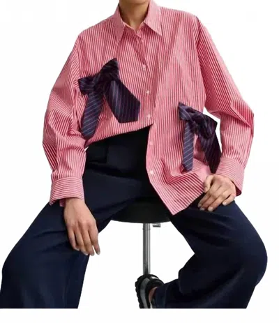 Essentiel Antwerp Jiwi Bowties Shirt Top In Navy/red/white In Pink