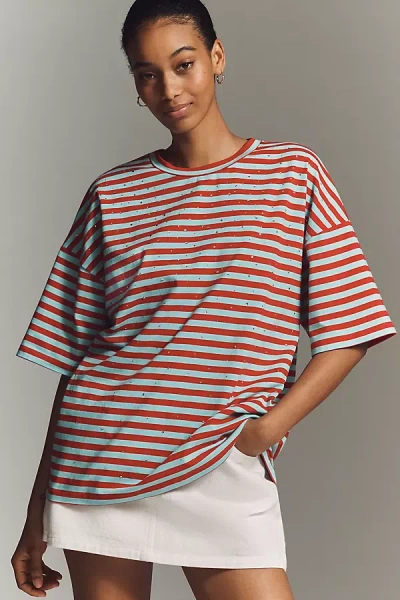 Essentiel Antwerp Josie Rhinestone Striped T-shirt Top In Blue