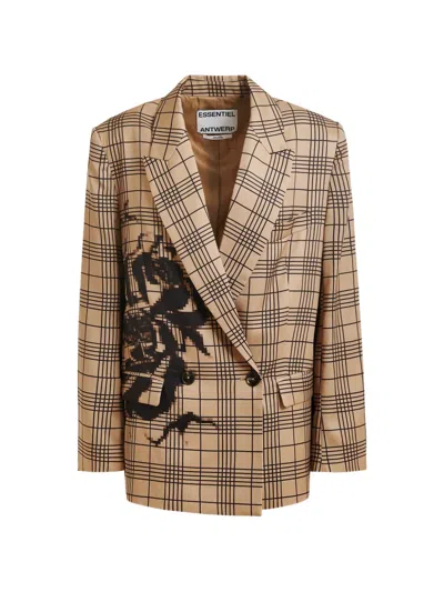 Essentiel Antwerp Juliana Checked-print Double-breasted Blazer In Brown