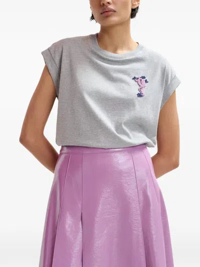 Essentiel Antwerp Jungala Beaded Embroidered T Shirt In Grey/purple In Gray