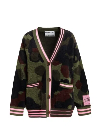Essentiel Antwerp Kamoo Camouflage-jacquard Striped-trim Cardigan In Animal Print