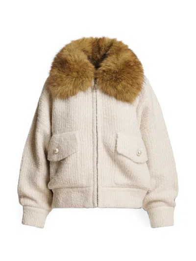 Essentiel Antwerp Kanada Faux-fur Collar Bouclé Cardigan In Neutral