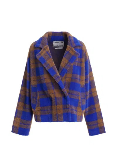 Essentiel Antwerp Karreau Checked Double-breasted Cardigan In Blue