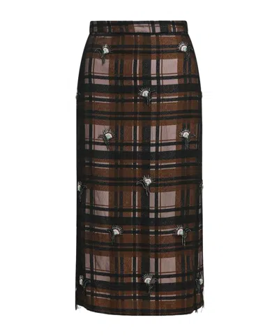 Essentiel Antwerp Kate Checked Floral-embellished Midi Skirt In Brown