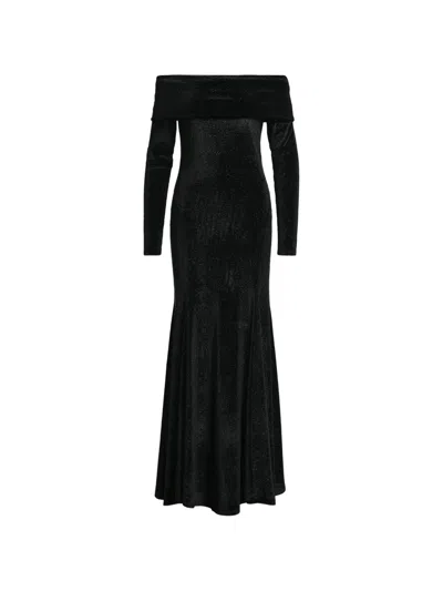 Essentiel Antwerp Kellissimo Glitter-finish Off-shoulder Flared Maxi Dress In Black
