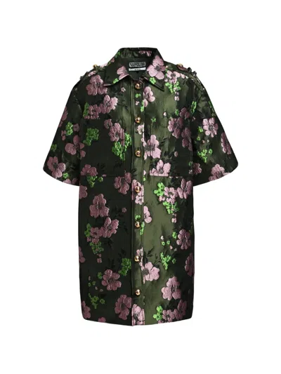 Essentiel Antwerp Kinder Floral-jacquard Shirt Mini Dress In Green