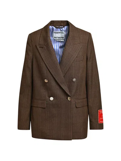 Essentiel Antwerp Kit2 Checked Double-breasted Blazer In Brown