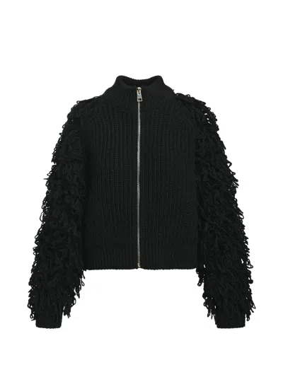 Essentiel Antwerp Klush Fringe-detail Stand-up Collar Cardigan In Black