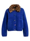 Essentiel Antwerp Leopard-print Collar Embellished-button Cardigan In Blue