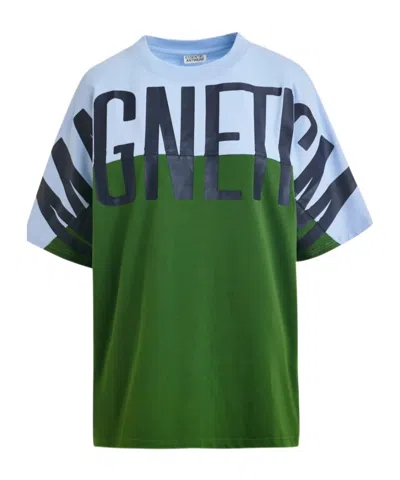 Essentiel Antwerp Light Blue And Green Color-block Oversized T-shirt With 'magnetism'-print In Multi