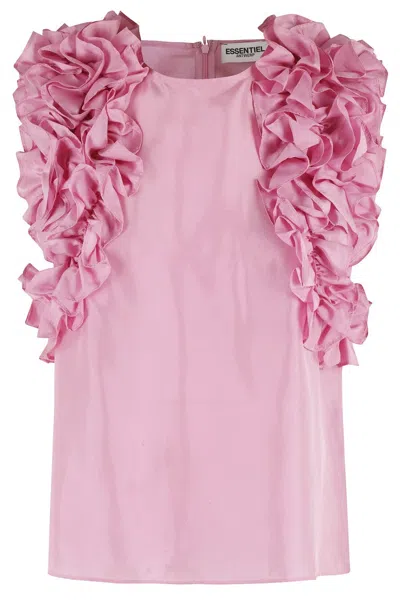 Essentiel Antwerp Multi-ruffle Silk Top With Discreet Zip Closure In Pink