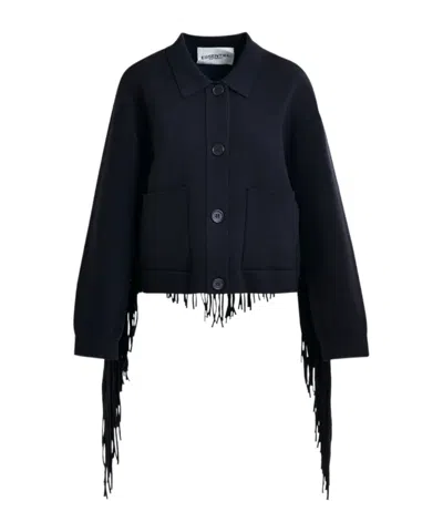 ESSENTIEL ANTWERP NAVY CROPPED KNITTED JACKET WITH FRINGE DETAILS