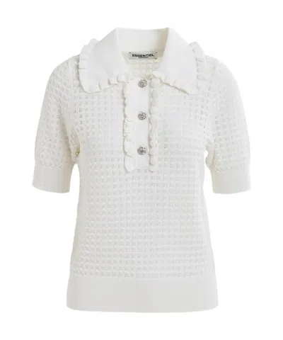 Essentiel Antwerp Off-white Polo With Ruffles And Rhinestone-embellished Buttons