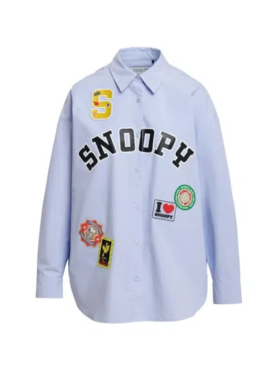 Essentiel Antwerp Light Blue Cotton Shirt With Multicolored Peanuts Snoopy Patches