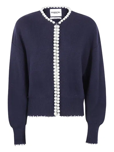 Essentiel Antwerp Pearl-embellished Frayed Cardigan In Blue