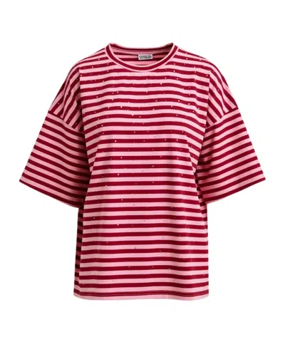 Essentiel Antwerp Pink And Burgundy Striped Rhinestone-embellished Oversized Cotton T-shirt In Red