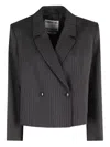Essentiel Antwerp Pinstripe Double-breasted Cropped Blazer In Black