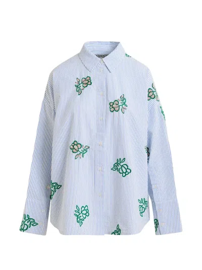 Essentiel Antwerp Pinstripe Floral-embroidered Shirt In Blue