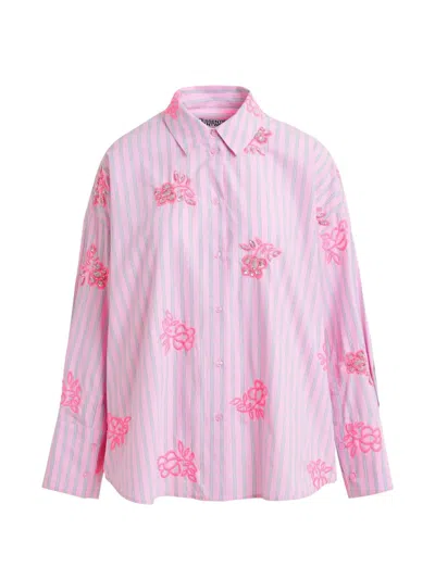 Essentiel Antwerp Pinstripe Floral Embroidery Shirt In Pink